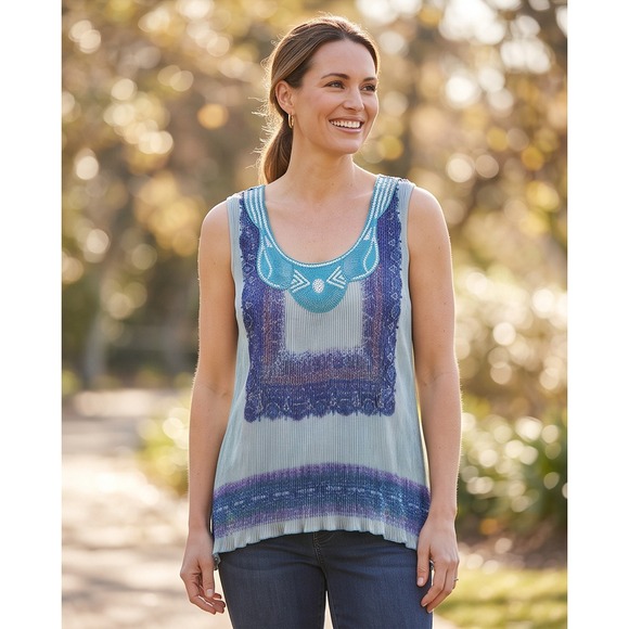ONE WORLD Tops - One World 2X Sleeveless Pleated Beaded Tank Top Blue‎ Purple Boho Bling